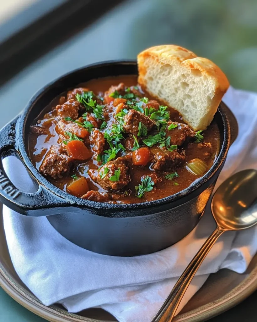 Finished Keto Beef Stew plated in a cast-iron pot, garnished with parsley and served with keto-friendly bread