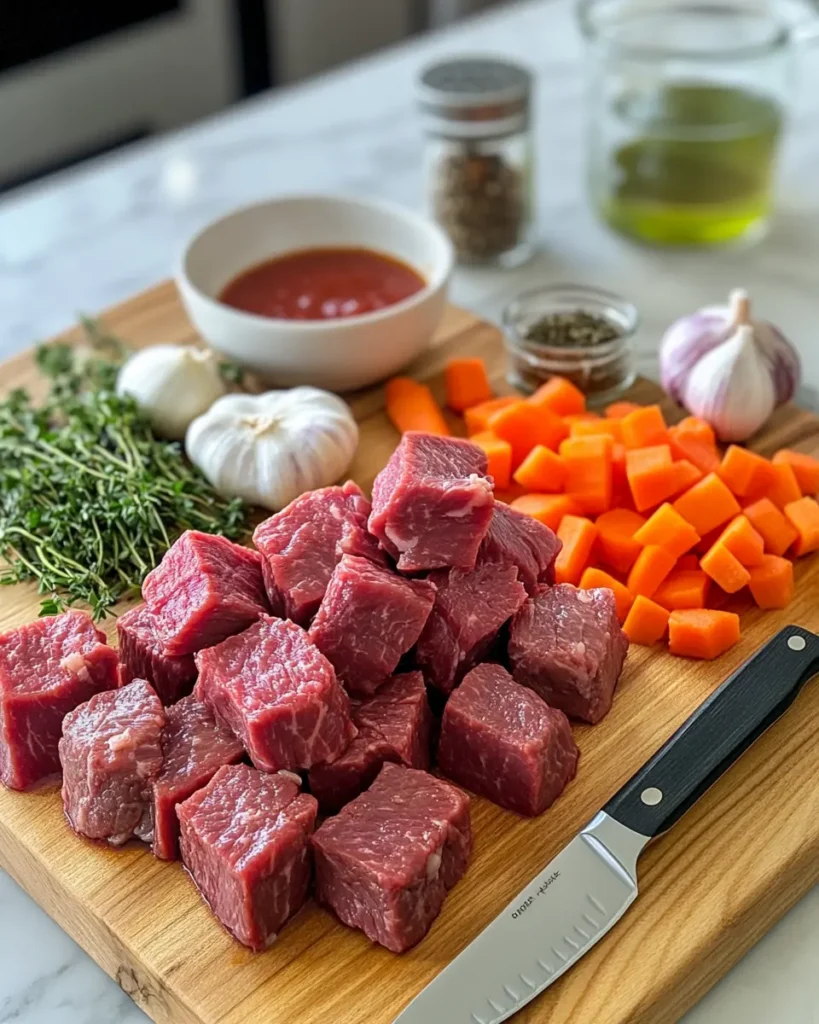 Fresh ingredients for Keto Beef Stew, including beef, vegetables, herbs, and spices, arranged on a wooden cutting board