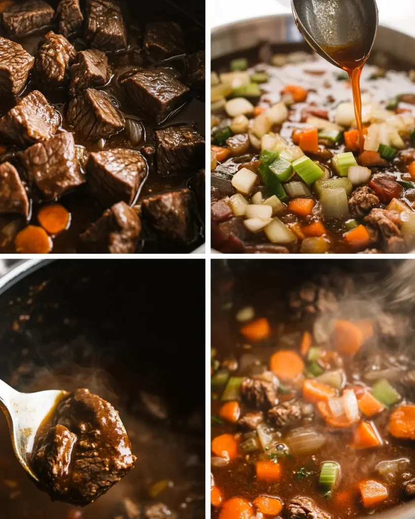 Step-by-step collage of preparing Keto Beef Stew, showing searing, sautéing, simmering, and serving