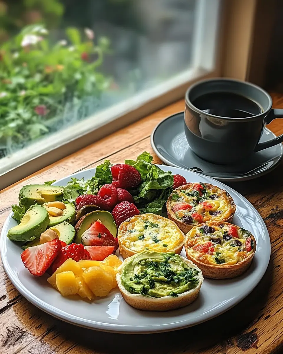 A variety of easy brunch recipes displayed on a wooden table, including avocado toast, mini quiches, and fresh fruit salad.