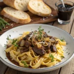Steaming bowl of French Onion Beef and Noodles served on a modern kitchen countertop, garnished with thyme and Parmesan.