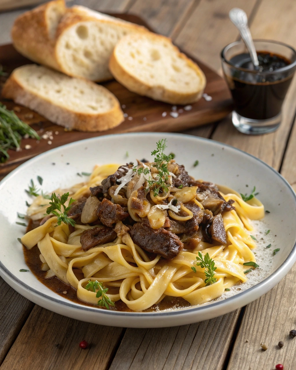 Steaming bowl of French Onion Beef and Noodles served on a modern kitchen countertop, garnished with thyme and Parmesan.