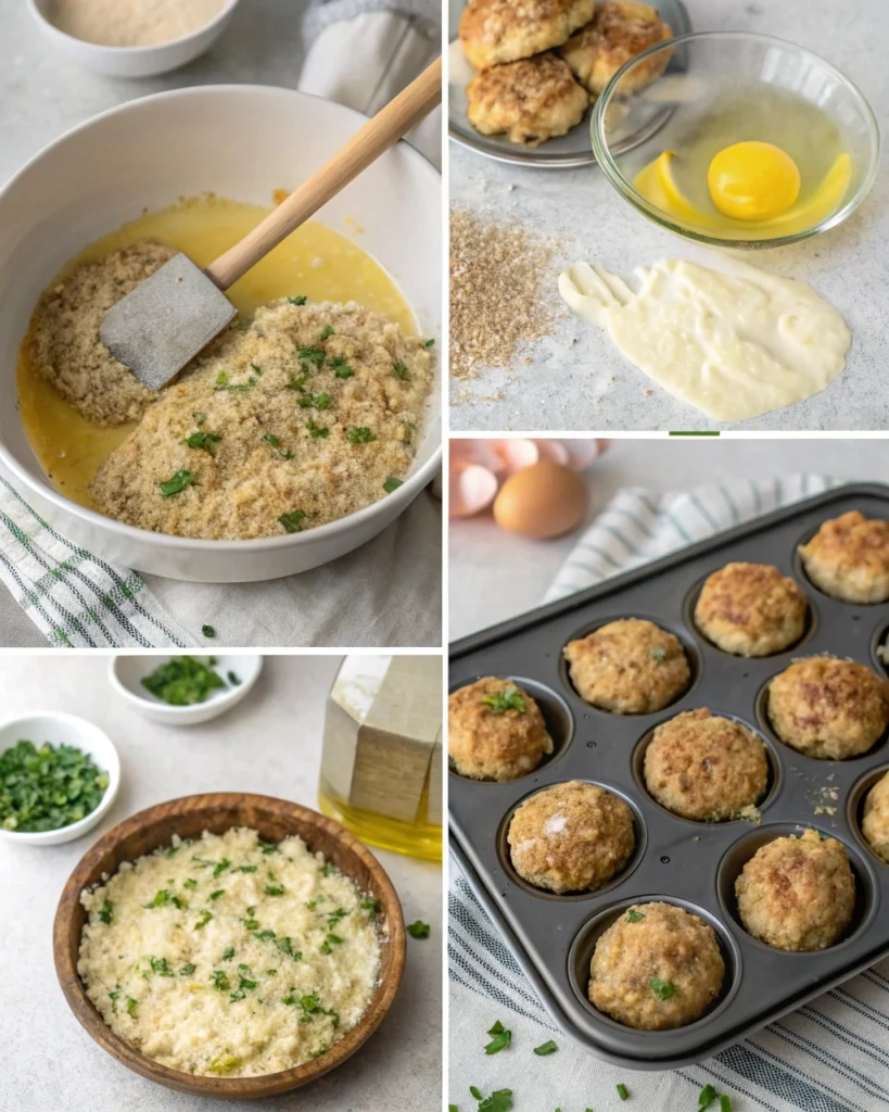 Step-by-step collage of preparing garlic parmesan chicken meatloaves, from mixing to baking.