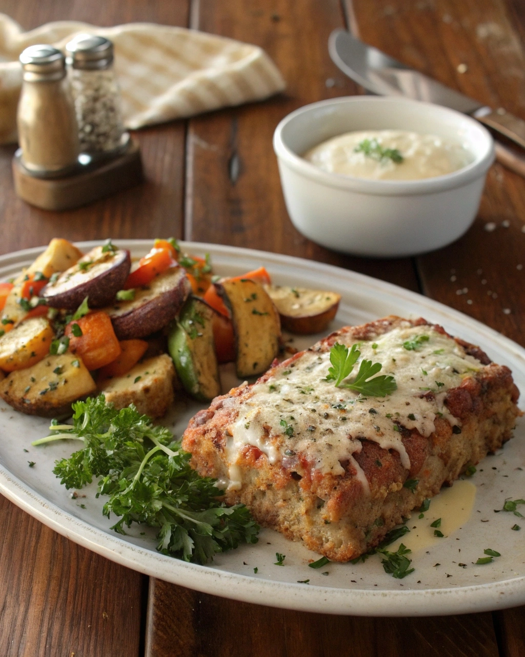 Homemade garlic parmesan chicken meatloaves with key ingredients displayed on a modern kitchen countertop.