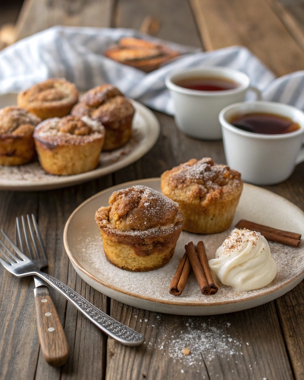 Golden-brown Cinnamon Sugar French Toast Muffins, freshly baked and dusted with cinnamon sugar, displayed on a modern kitchen countertop.