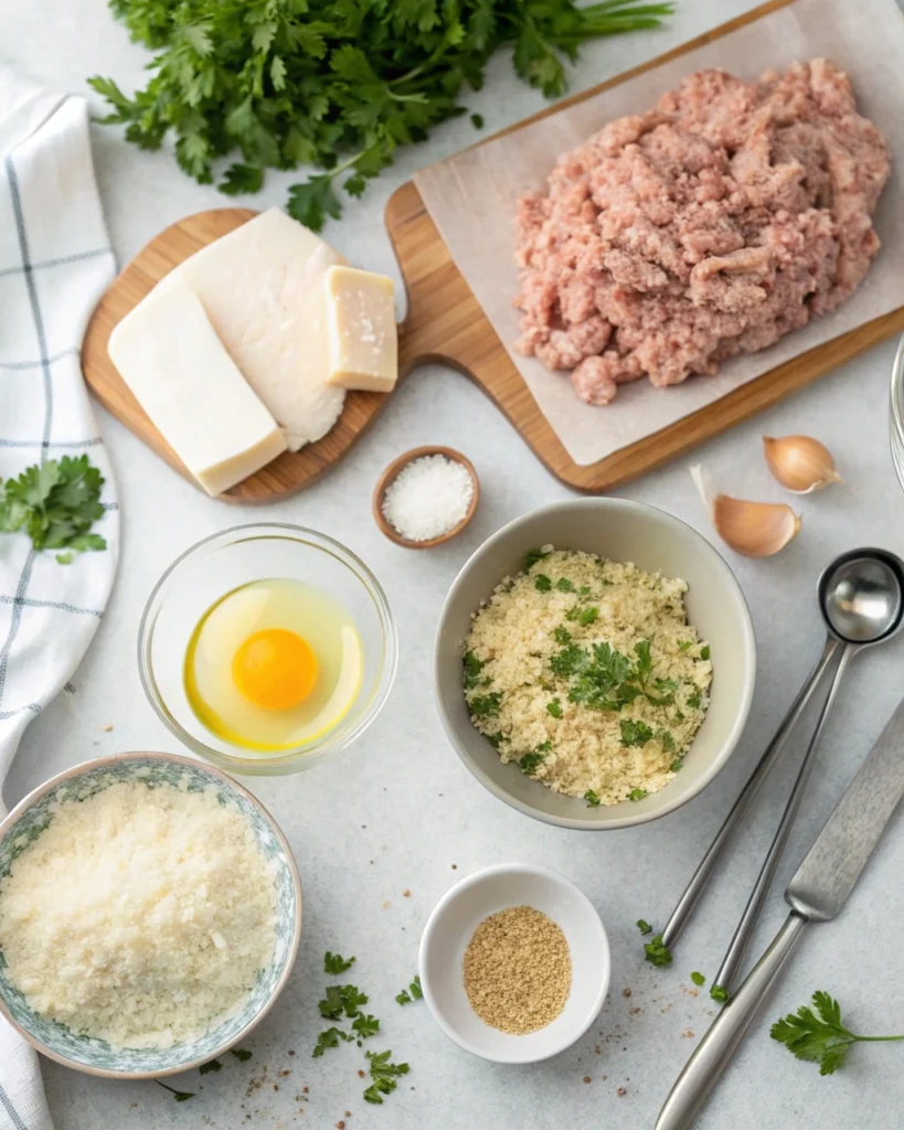 Flat-lay of garlic parmesan chicken meatloaf ingredients, including ground chicken, Parmesan, garlic, and parsley.