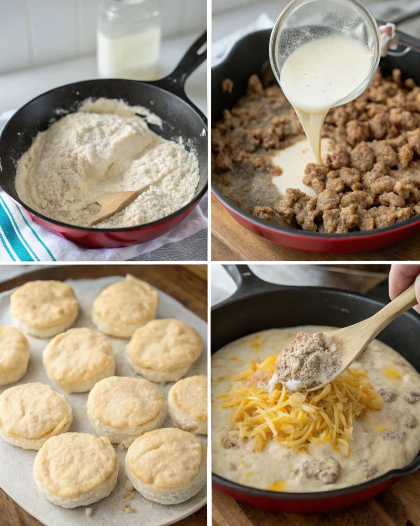 Step-by-step collage of preparing sausage gravy and biscuit pie, from browning sausage to assembling the pie.