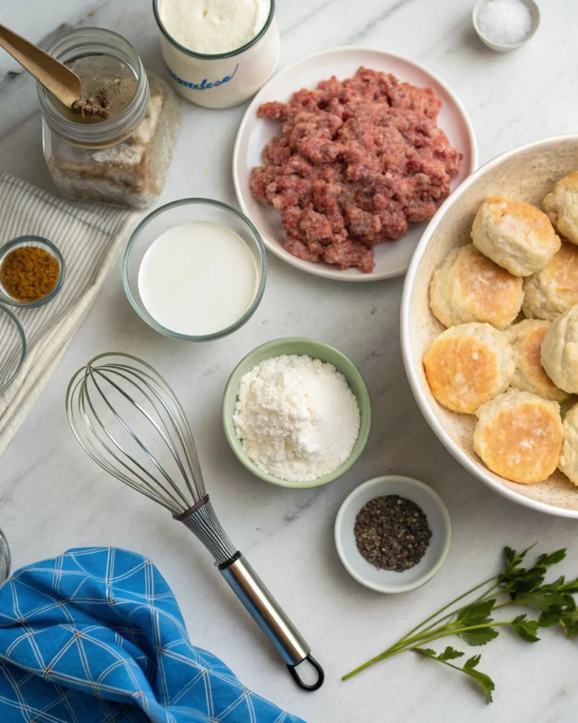 Flat-lay of sausage gravy and biscuit pie ingredients, including ground sausage, milk, flour, biscuits, and seasonings.