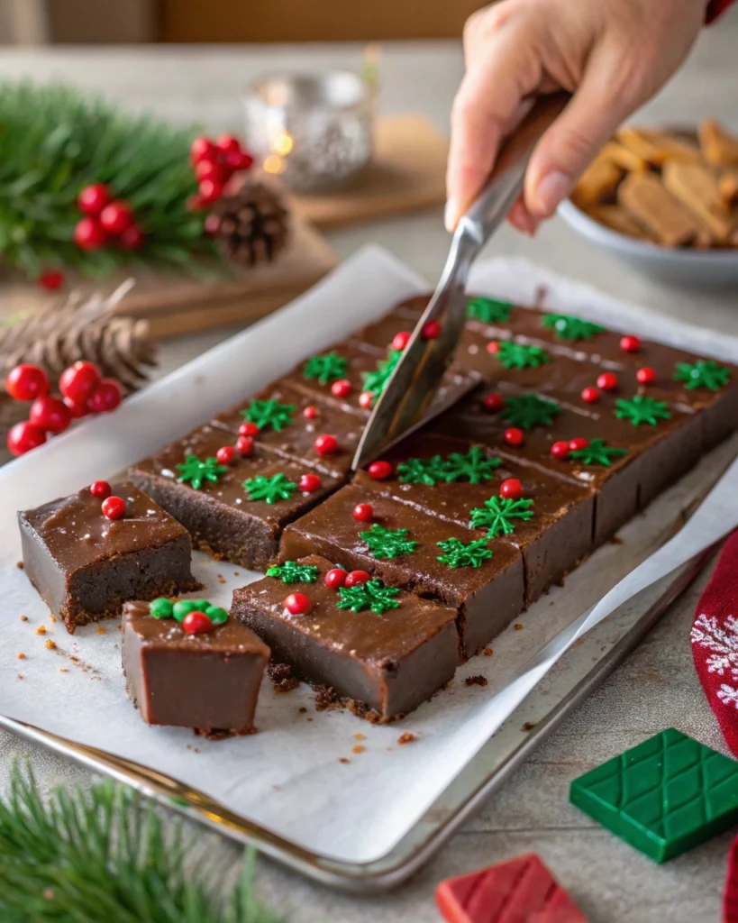 Holiday slow cooker fudge recipe sliced and ready to serve