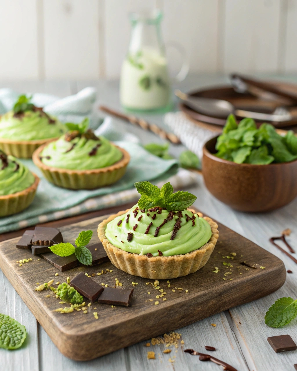 No-Bake Matcha Mint Grasshopper Pies served with garnish