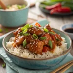 Slow Cooker Mongolian Chicken served over rice with garnish