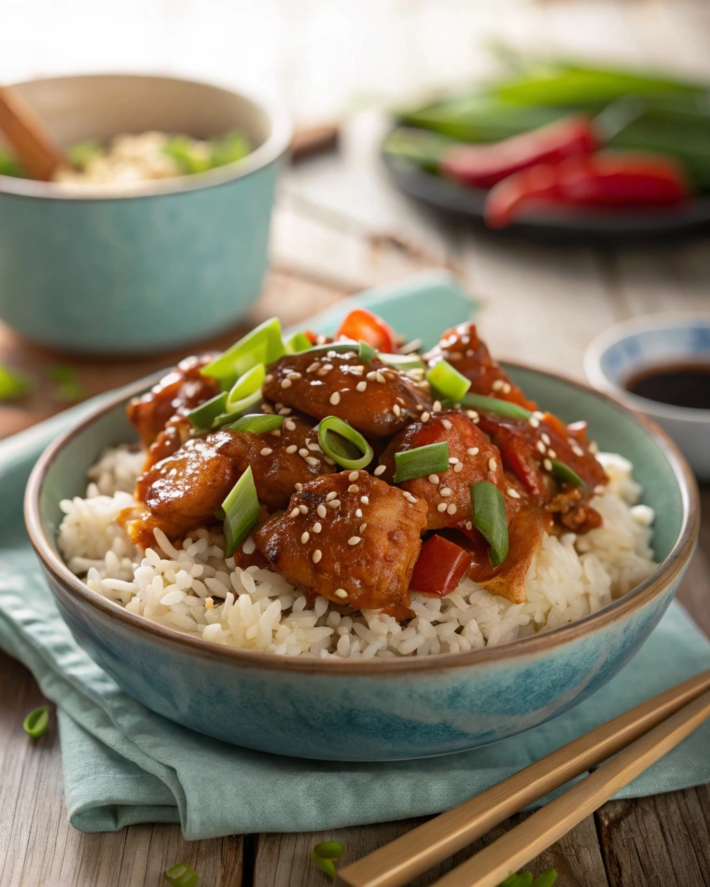 Slow Cooker Mongolian Chicken served over rice with garnish