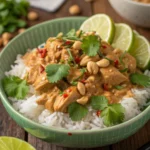 Slow Cooker Thai Peanut Chicken served over rice with garnishes