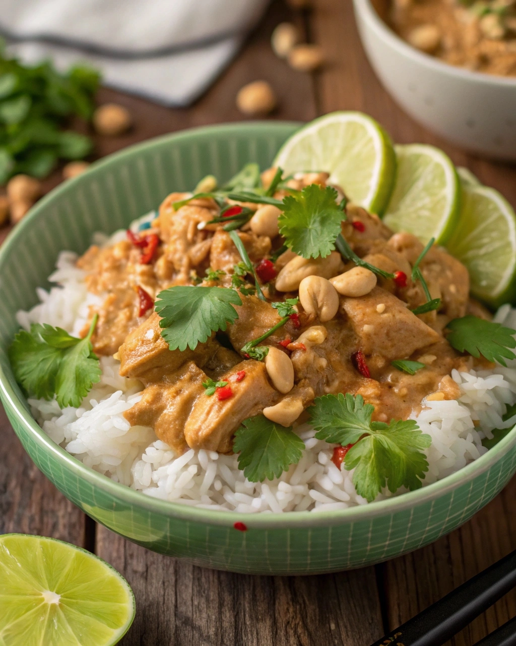 Slow Cooker Thai Peanut Chicken served over rice with garnishes