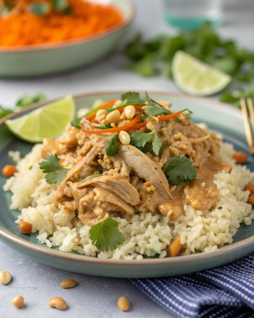thai-peanut-chicken-finished-dish Serving Slow Cooker Thai Peanut Chicken with garnishes
