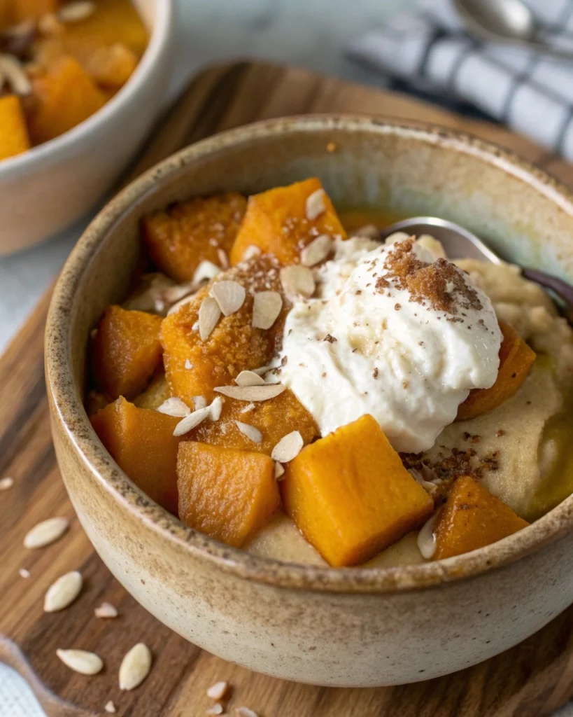Vegan slow cooker holiday dessert with pumpkin and coconut cream