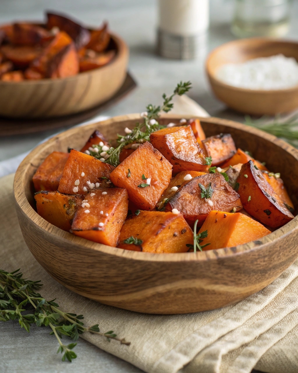 Roasted Jamaican sweet potatoes served with herbs