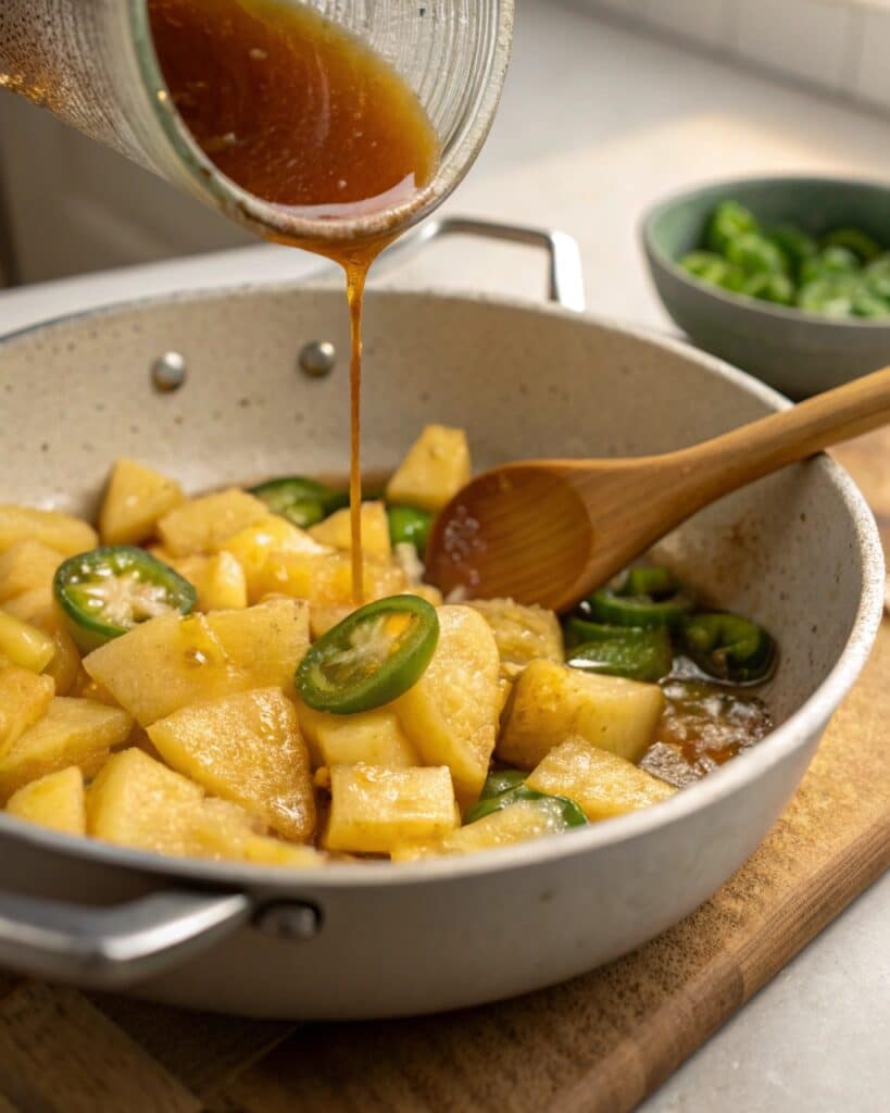 Simmering Pineapple Cowboy Candy in syrup